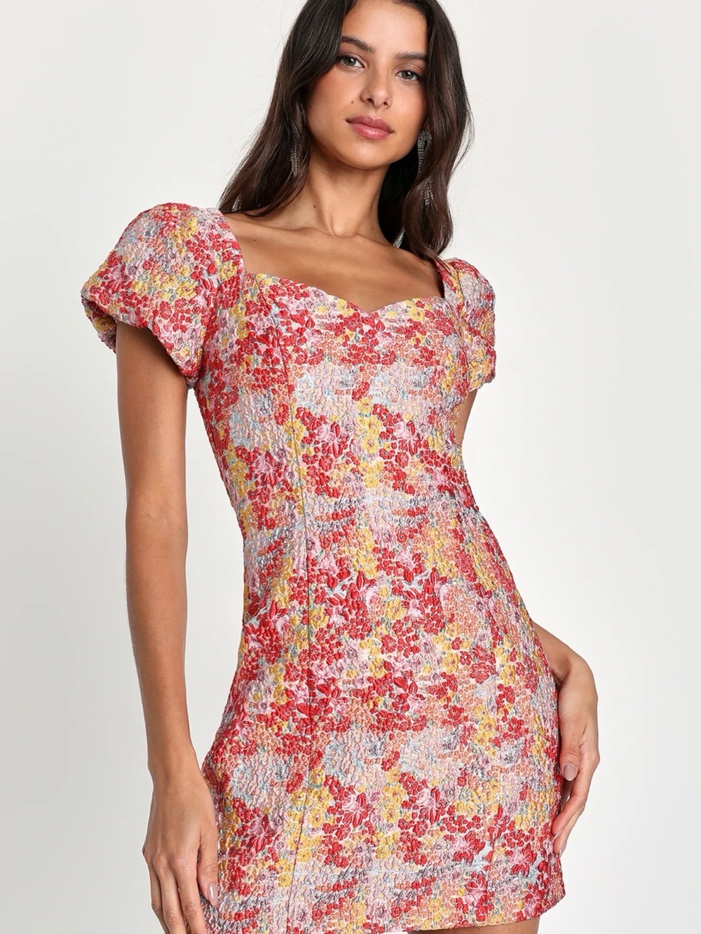 Lulus Sweetest Essence Blush Floral Jacquard Puff Sleeve Mini Dress M NWT